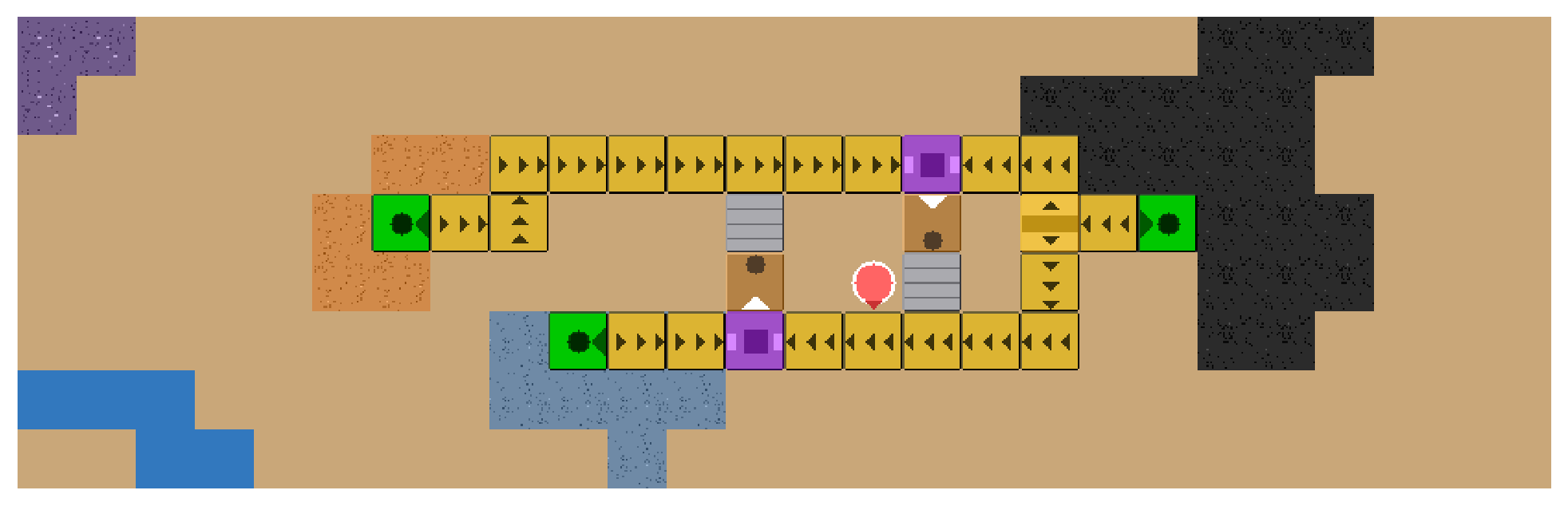 A Factoriax factory: miners on ore patches, belts that carry ore to furnaces and assemblers, and a player among them